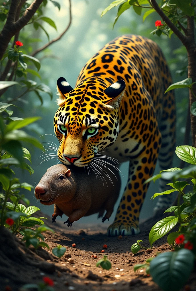 A jaguar eating a capybara