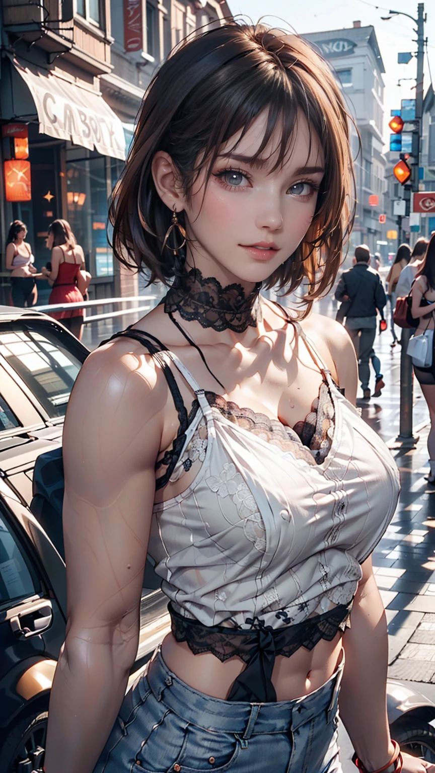 Beautiful woman, Playing with your cell phone in the middle of the street, [See through](Short lace camisole:1.47), Natural Breasts, Medium chest, (Tight waist, Perfect body curves), Earrings, Sharp focus, (Tall body, Adult female), (Skin with attention to detail, Skin pores:1.4)、Slim figure、Sexy proportions