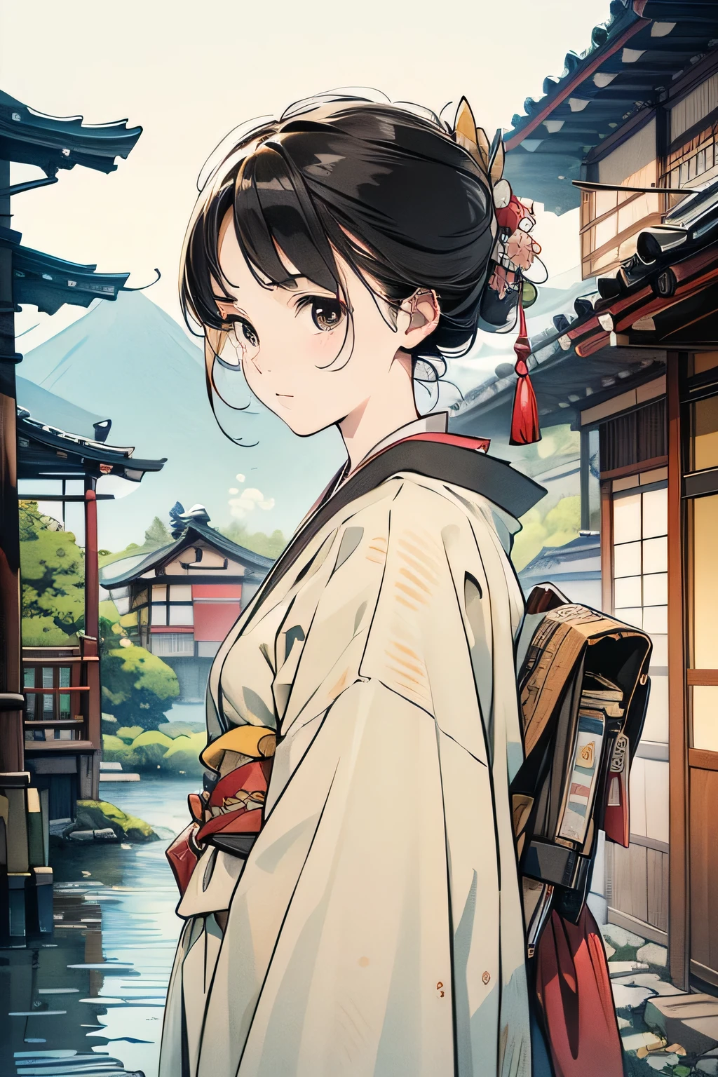 kimono、Black Haori、Japanese style、((masterpiece)),Realistic,4K,Very detailed、landscape、Japan、