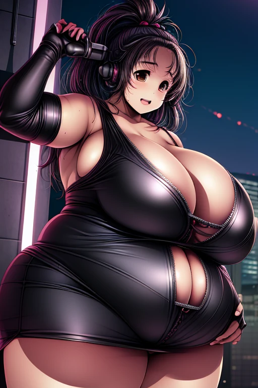 A woman in a black and white outfit is posing on a roof, Half Yamada, Tokyo Cyberpunk Night on the Roof, Chubby, On a rooftop at night in Tokyo, shikamimi, Shot with Canon EOS 5D Mark IV, Ayaka Cosplay, , Neo Tokyo, Shot on a Canon 80d, at night!!, Chiho Big Breasts、pubic hair
