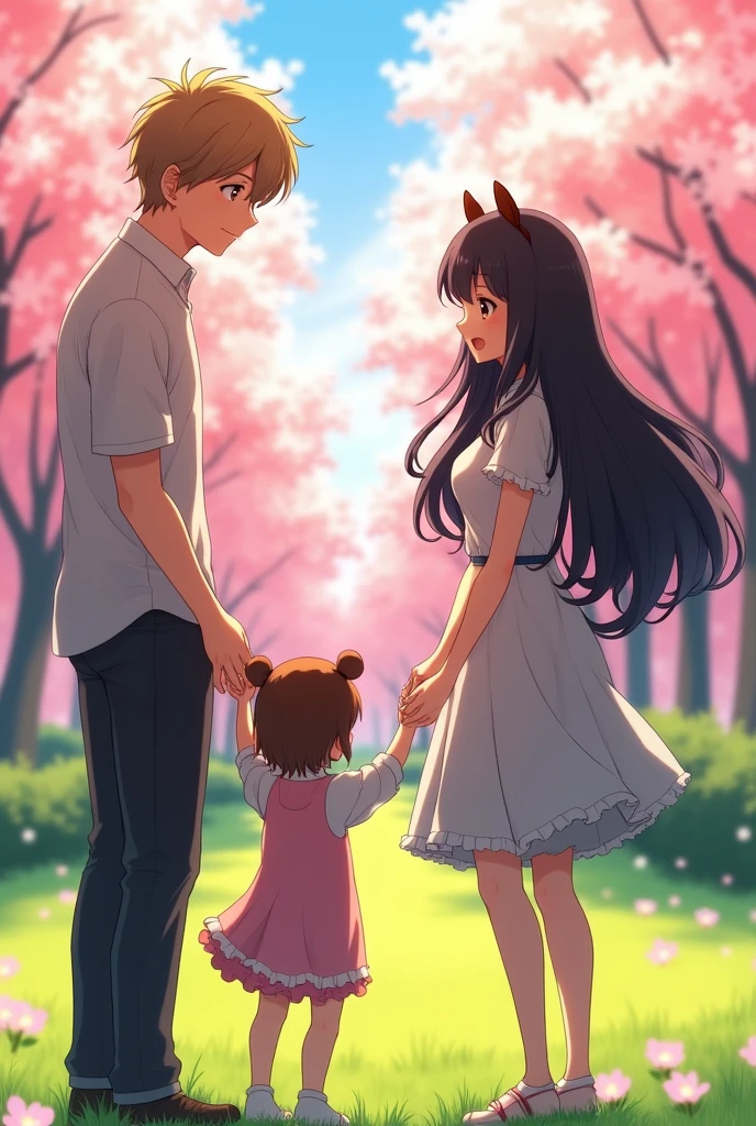 An anime woman with long black hair and brown cute bear ears and she is holding her daughter's hand with her husband who is an anime man with brown-blonde hair