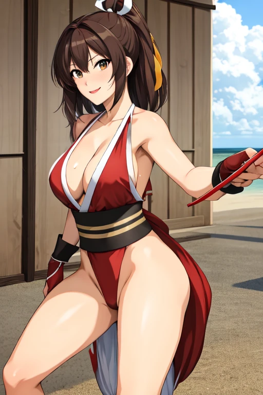 masterpiece, best quality, beautiful art, high resolution, well formed hands, body and fingers, 1 woman, solo, Haruhi Suzumiya, 31 years old, red makeup, red lipstick,adult, grown up,  cosplaying as Mai Shiranui , mai_shiranui_cosplay, adult, large and big breasted, cleavage, full body , hair ribbon, gorgeous legs and, thighs, sexy Japanese clothes, hair ornament , sexy and bare legs , hips and thighs, panties peek, fighting in a combat match, showing her fighting skills, making her guard, about to hit the viewer, looking at the viewer, close up on her bouncing breasts, sweating, bouncing breasts, smiling joyfully and brightly, seductive face, being confident and proud, action and fighting scene, martial arts tournament on the beach fighting in a combat match, showing her fighting skills, making her guard, about to hit the viewer, looking at the viewer, cowboy shot on her bouncing breasts, sweating, bouncing breasts, smiling joyfully and brightly, seductive face, being confident and proud, action and fighting scene, martial arts tournament on the beach 