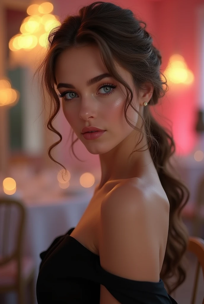 Best quality,ultra-detailed,photorealistic:1.37,UHD,professional,painting,HDR,realistic,portrait,Ukrainian beauty, gorgeous woman, exquisite facial features, sparkling blue eyes, porcelain skin, elegant pose, natural beauty, vibrant colors, soft lighting, subtle shadows, feminine elegance, Draped Side Updo With Hanging Curls hair, black A-Line Dress, gala, soft lighting, vivid colors, professional photography, portraits, bokeh