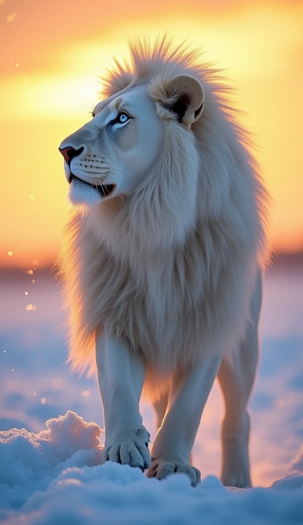 Generate an ultra realistic 8k image of an Albino lion with a big and beautiful mane strong robust with blue eyes strong beautiful, looking up at the sunrise in the snows
