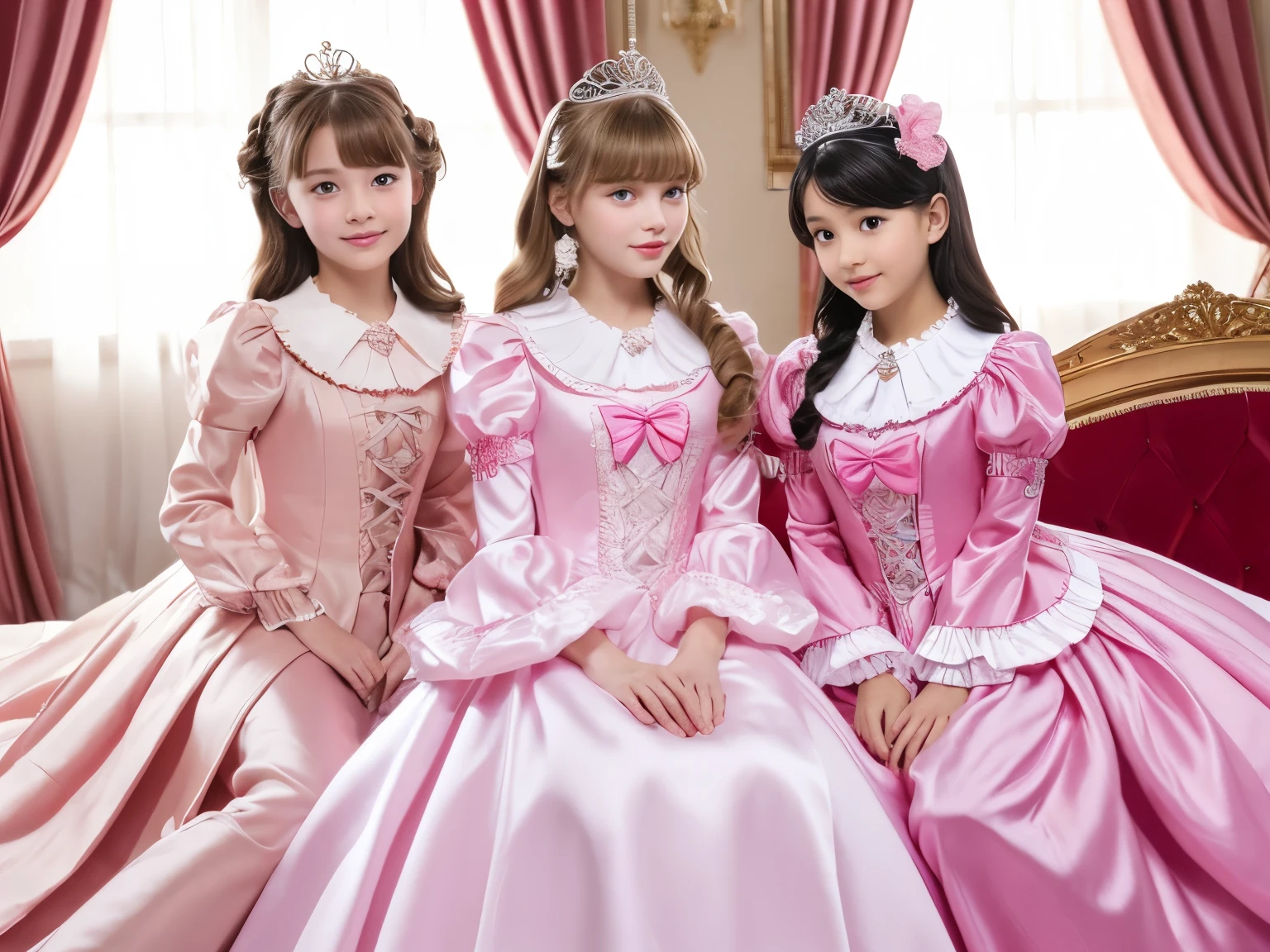 ,highest quality, masterpiece, highest resolution, artwork, super それにget used to it, many get used to it, get used to it, それにget used to it, 3k realistic pictures,,((10 year old little girls)),Ultra-detailed juvenile face,three are princesses,full length ball gown dress with hoop skirt,ruffled yoke collar,puff sleeves,long sleeve,((Lolita style hot pink detailed princess satin dress with lots of ruffles and ribbons)),Rococo style lolita fashion,shiny satin dress,Soft and smooth fabric,luxury,long blonde hair,blue eyes,white skin european,Pajama,((in the bedroom)),luxury princess canopy frilled bed,super detailed bed,lying on the bed,High-quality background,