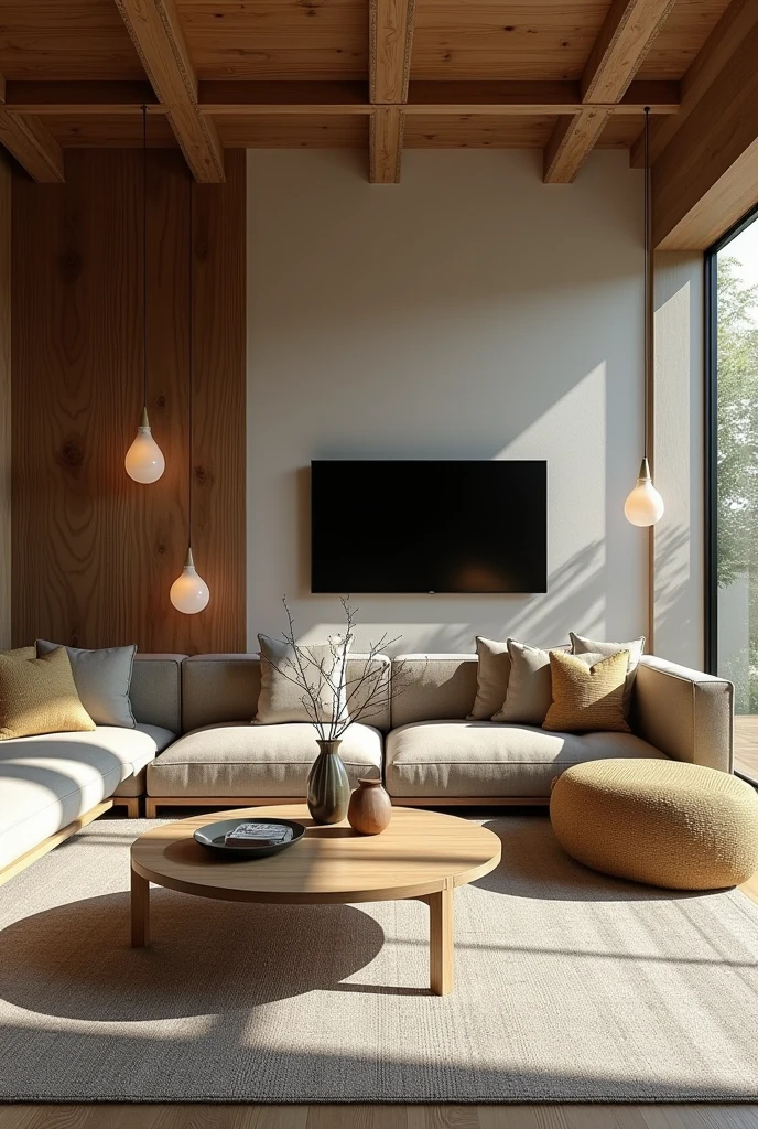 Please design me a living room in wabi sabi style., modern and fully equipped. gentle design, nature.