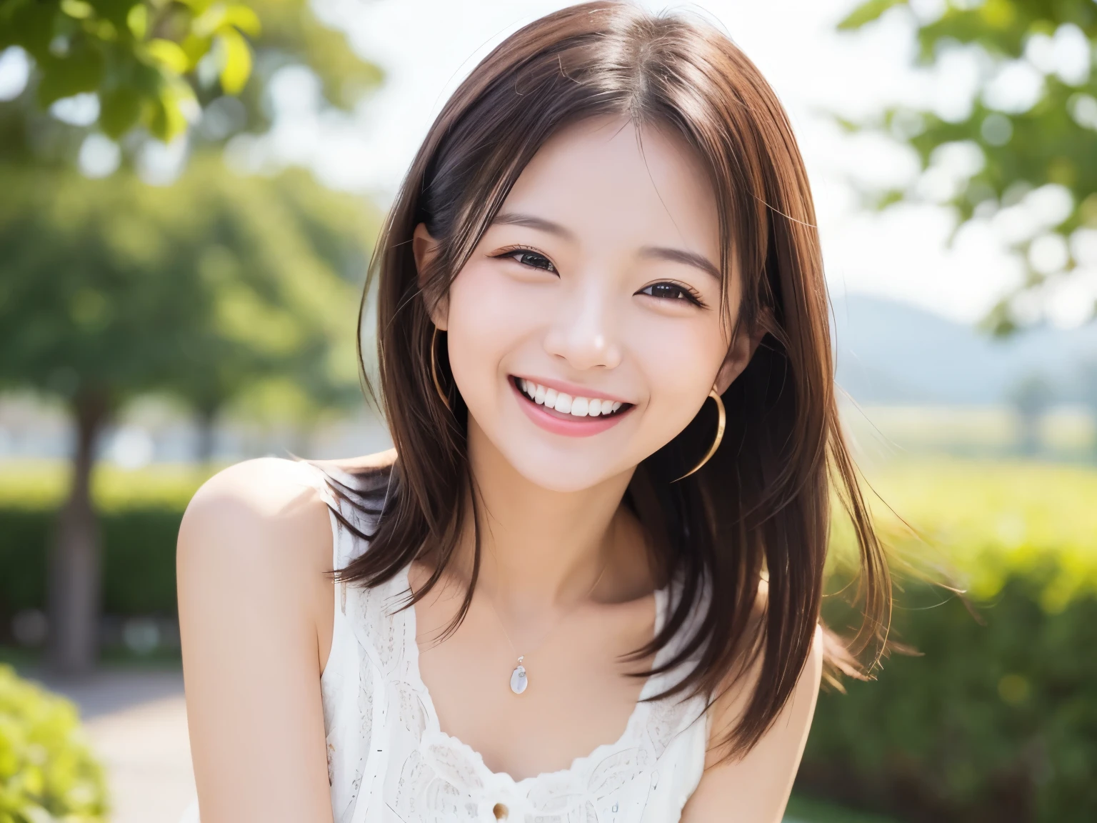 woman，(1 person),With a smile, She expressed her joy, Beautiful and smiling, Laugh gently, Cute Smile, 美しいWith a smile, Happy and cheerful expression, And she laughs，very happy, (masterpiece、Highest quality)、Best details、Upper Body
