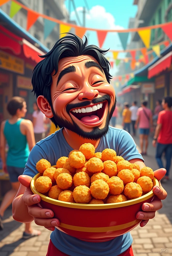 Cartoon Manny Pacquiao Laughing while holding a bow of fried nuts