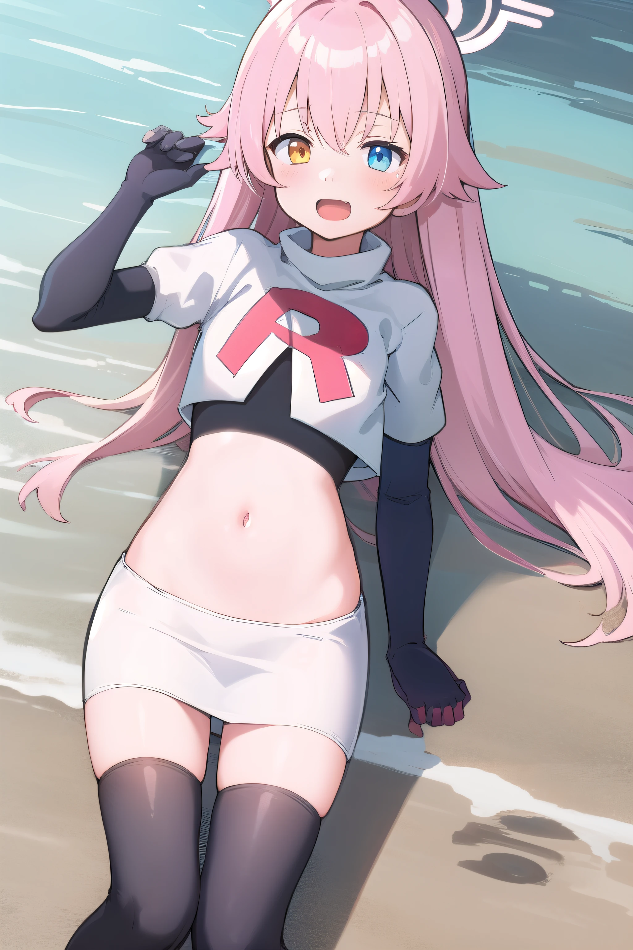 work of art, best qualityer, ultra detali, 1 girl, hoshino, rocket team,rocket team uniform,white skirt,red letter R,top cut,blackstockings,black elbow gloves, plein-air