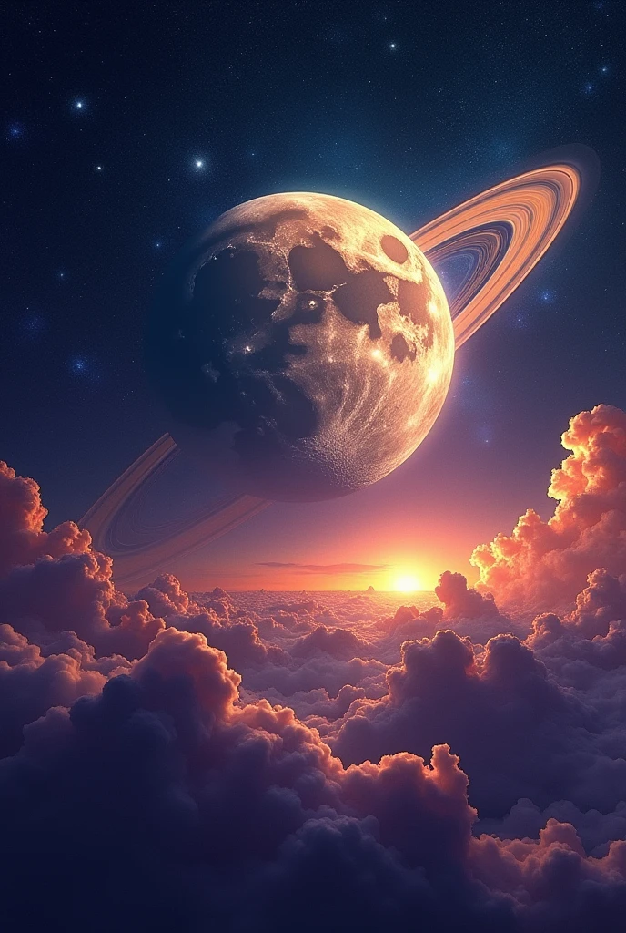 The moon in front, and behind Saturn. very colorful 
