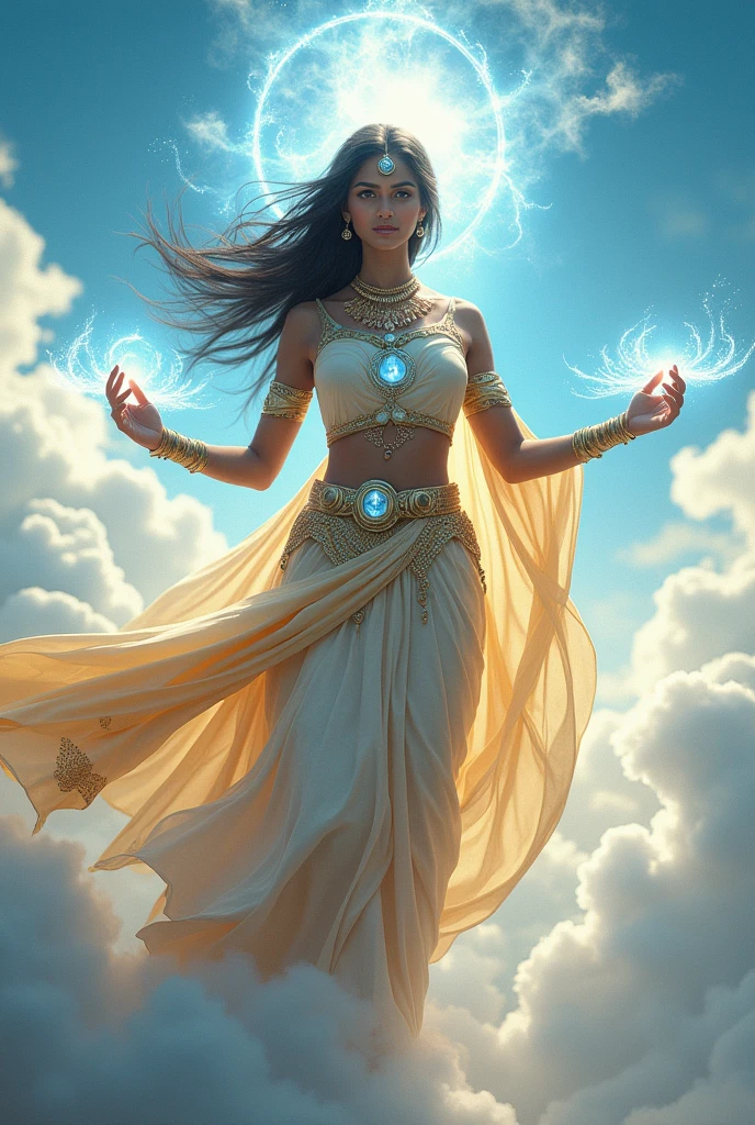 "Create an image of an Indian superhero with the power of air. The superhero should have an ethereal and majestic appearance, with elements that suggest their control over the wind and sky. They could be dressed in traditional Indian attire, modified with a futuristic twist to reflect their powers. Flowing fabrics that move as if caught in a gentle breeze would emphasize their connection to the air. Their eyes might glow with a soft, sky-blue light, and their hands could be surrounded by swirling gusts of wind. The background should feature a dynamic sky, with clouds parting or swirling around them, highlighting their control over the elements."