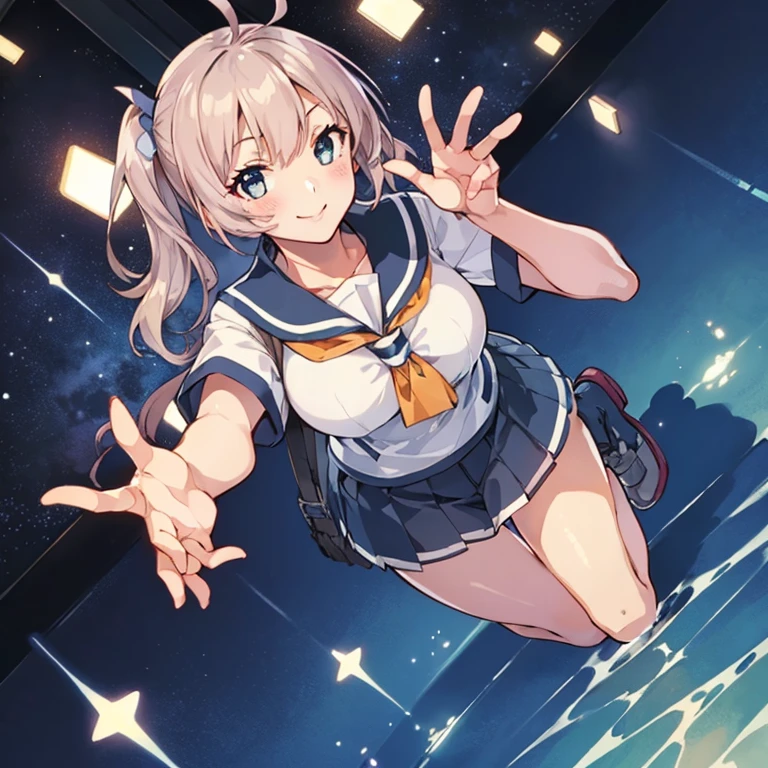 AobaKC, (Aoba) uniform
,(masterpiece:1.4),(best quality:1.4), (premium:1.4), (great illustration:1.4), (ultra-detailed:1.4),(art CG, 8K), KonishiCSA,1girl,solo,
 full body,Starry Sky,blush,smile,
