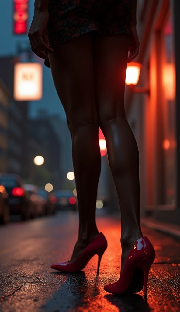 RAW, Best quality, high resolution, work: 1.3), Red heels (iu:0.8),8K, Masterpiece, RAW photo, Best quality, detail:1.2),Photorealistic, Extremely detailed Cg Unity 8K wallpapers, Depth of field, street light, Lens flare, Ray tracing, red heels, black girl legs, ((ultra detailed )) 1 girl In a dark street, deepshadow, extreme close up shot .