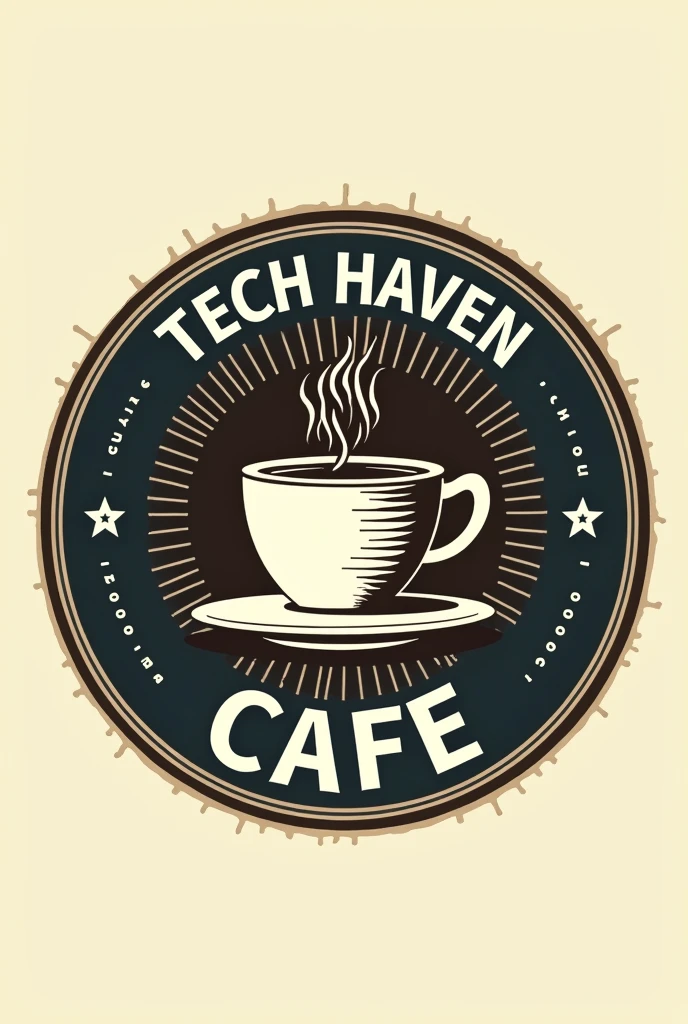 Create a computer café circle logo with a vintage style but modern for a business logo with a name Tech Haven Café