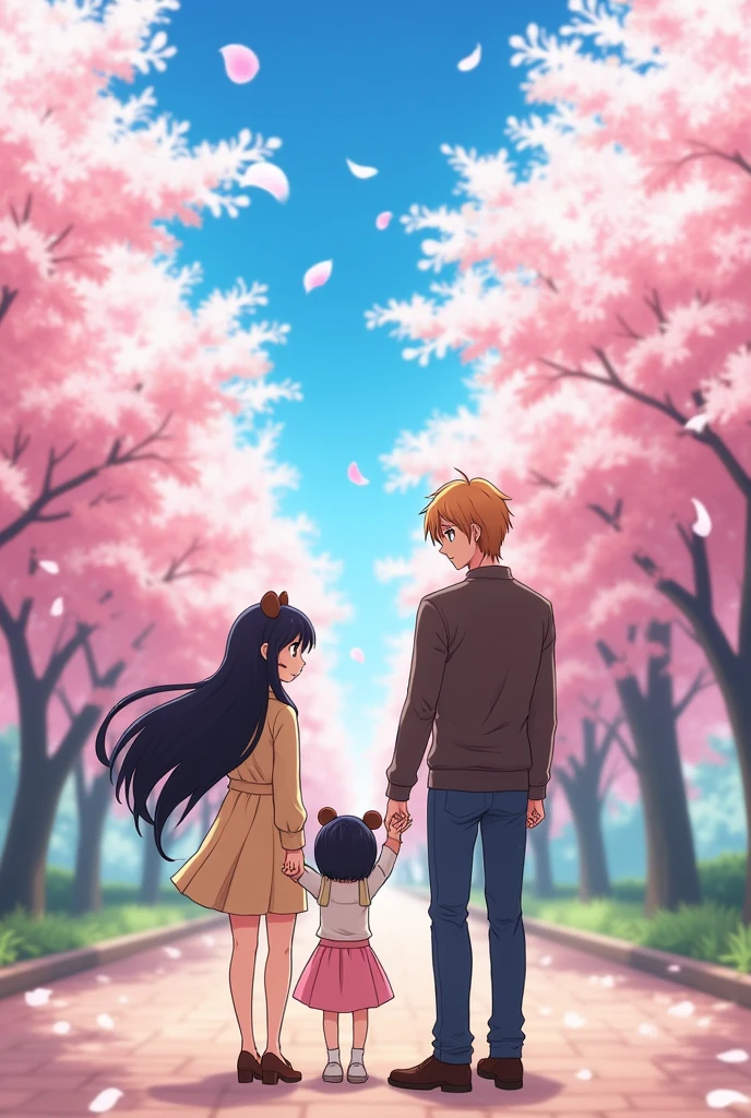 An anime woman with long black hair and brown cute bear ears and she is holding her daughter's hand with her husband who is an anime man with brown-blonde hair