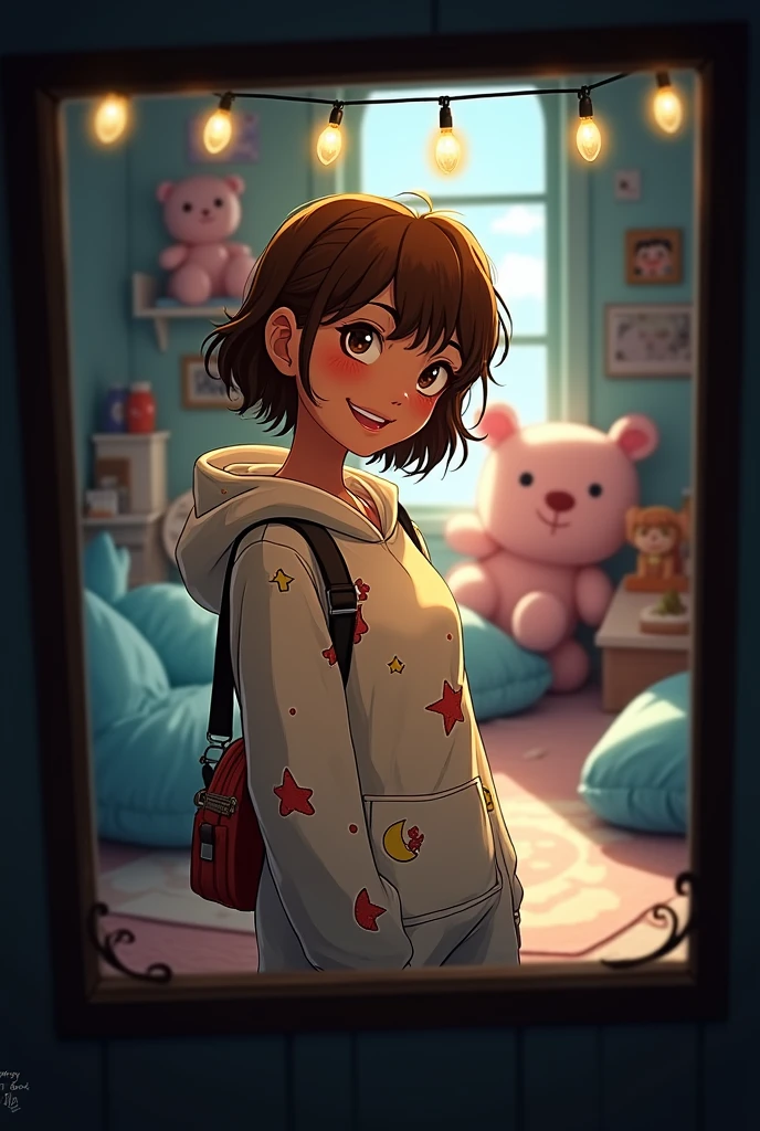 Teenager, large breast, short brown hair, onesie