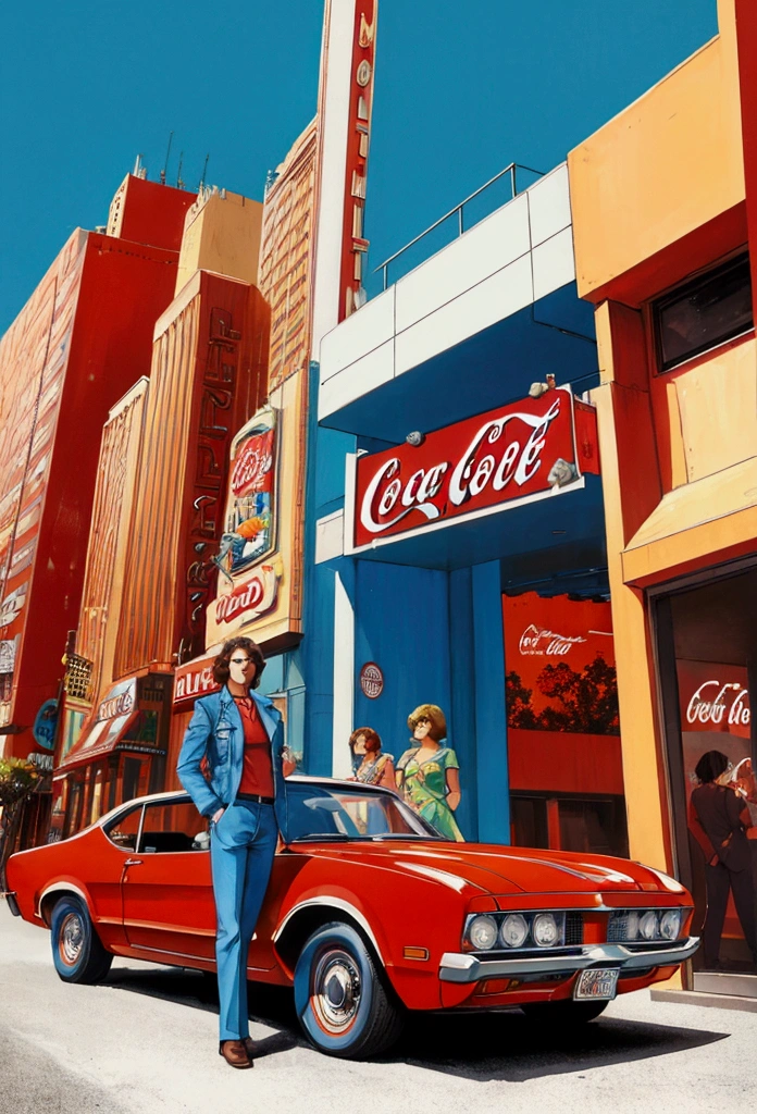 man retro America style 1970-1990, short hair, Hollywood background, car,Hollywood, Coca-Cola