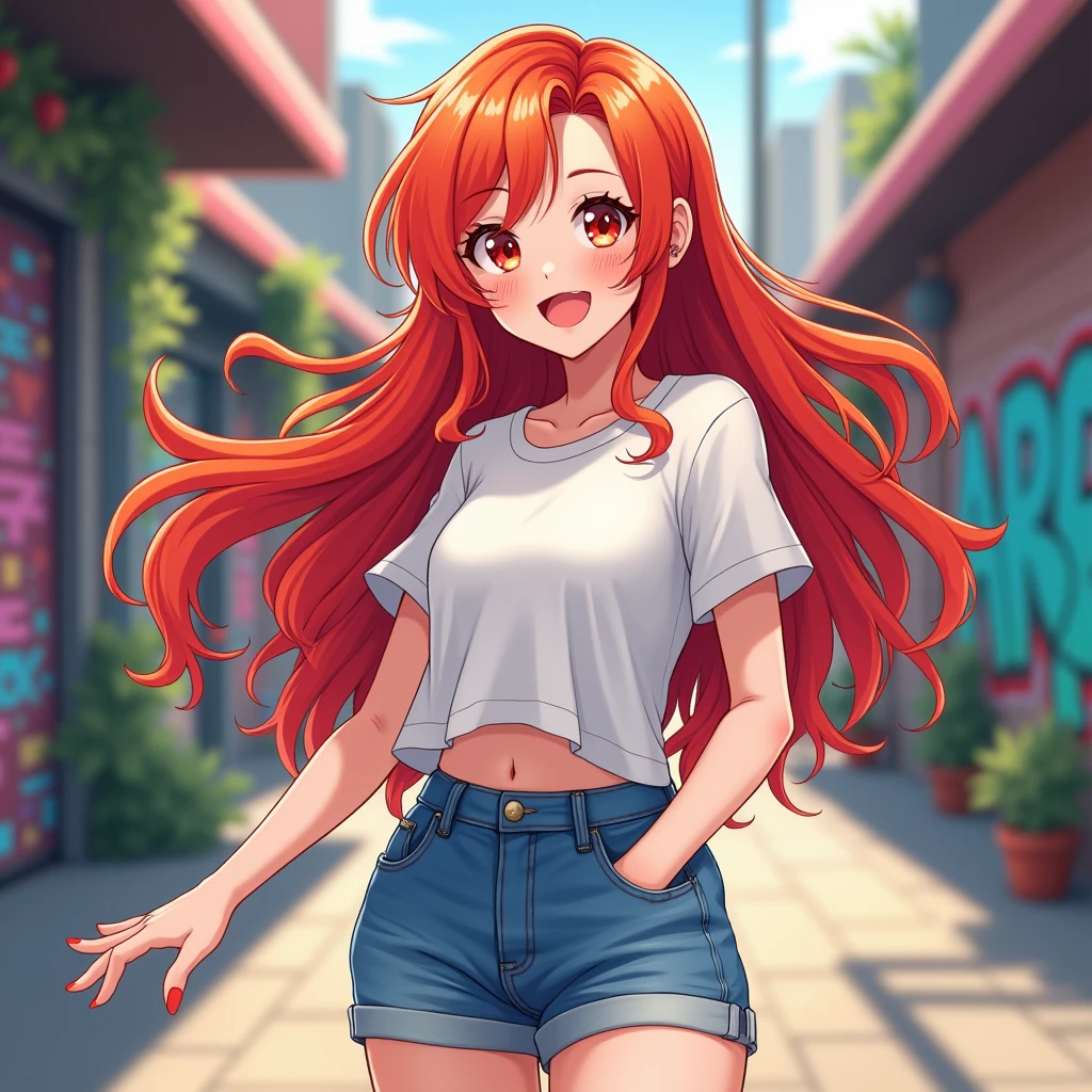 Korean style pretty one, animation、An illustration、High resolution, smile, Red long hair、Denim shorts、T-Shirts、Red-brown gradient eyes