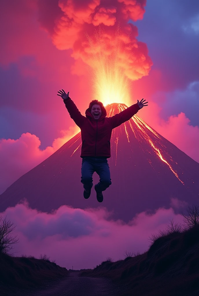 They photographed a person flying into a purple volcano with crimson flames while laughing.