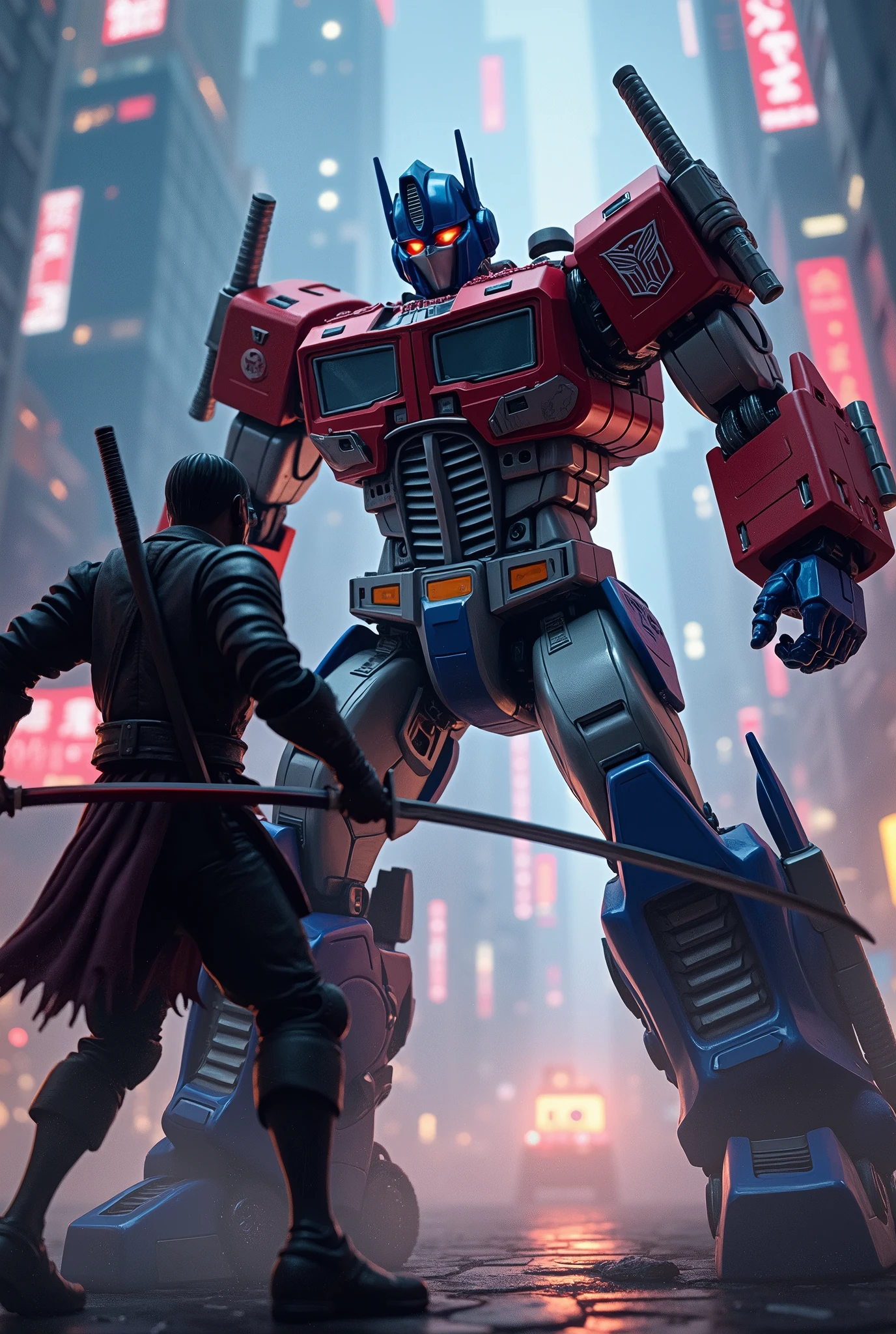 Optimus Prime,Tanjiro Kamado,transformers,AI art,detailed cyberpunk mecha,detailed samurai warrior,attack punch,death pain,cinematic lighting,dramatic dark lighting,highly detailed digital painting,octane render,unreal engine,epic dynamic scene,photorealistic,4k,best quality,masterpiece