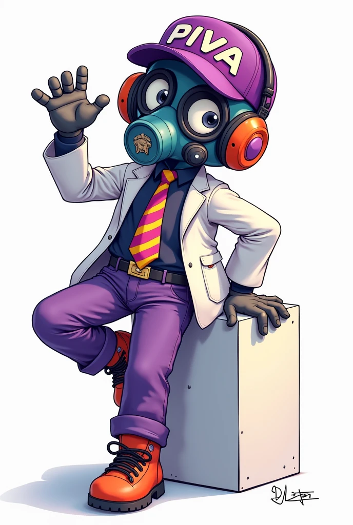 ((anime:)1.5), (((CGI, 3D))), ((A playful and detailed illustration in the signature art style of manga artist Akira Toriyama, featuring the character Tori-Bot wearing a gas mask, a purple cap with the text "PIVA," headphones, a lab coat, and a striped tie, set against a plain white background.)) | Tori-Bot stands in the center of the image, with his signature mischievous expression and playful pose. He wears a gas mask, a purple cap with the text ‘PIVA’, headphones, a lab coat, and a striped tie, all rendered in exquisite detail and vibrant colors. | The scene is set against a plain white background, with the character isolated in the center of the image. This allows the focus to remain on Tori-Bot and his playful antics, without any distractions from the background. | The composition is dynamic, with the camera positioned to capture the full body of the character in all its glory. The scene is captured from an intimate perspective, with every detail meticulously rendered in exquisite detail, from the intricate linework defining the character to the dynamic composition that breathes life into the scene. | The scene features high-quality textures, such as the sleek fabric of the lab coat, the smooth surface of the gas mask, and the delicate strands of Tori-Bot's hair, adding to the overall realism and immersion. | The image captures a moment of playful fun, with Tori-Bot striking a pose and showing off his unique style, surrounded by the vibrant colors and impressive details of the scene. | {The camera is positioned very close to Tori-Bot, revealing his entire body as he assumes a HERO pose, interacting with and leaning against a structure in the scene in an exciting way.} | (((Tori-Bot takes a HERO pose as he interacts, boldly leaning on a structure, leaning back in an exciting way.))), (((((full-body_image))))).