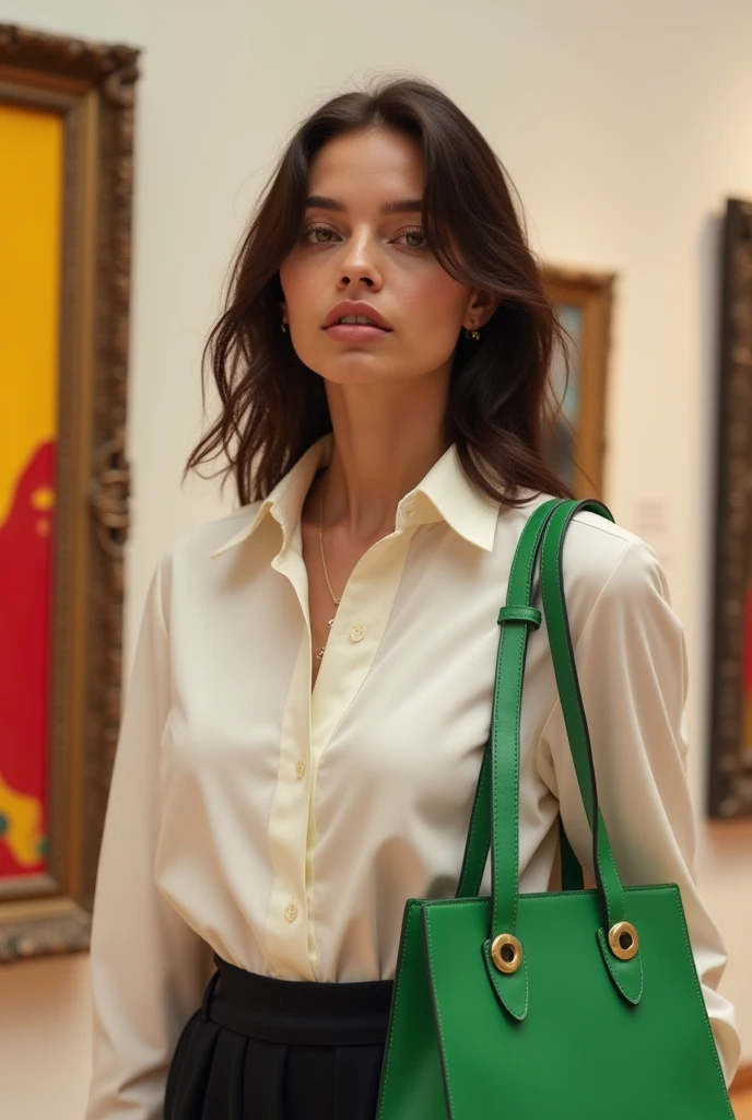 femme arafée avec une chemise blanche et un sac vert, un croquis inspiré de Louisa Matthíasdóttir, Instagram, le réalisme, Portrait Sophie Mudd, zoé kravitz, Kiko Mizuhara, photo de la beauté gal gadot, Instagram model, musée, 2 0 2 0 mode, vêtu d'un t-shirt blanc