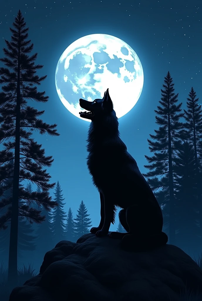 Picture of a black dog howling under the moonlight