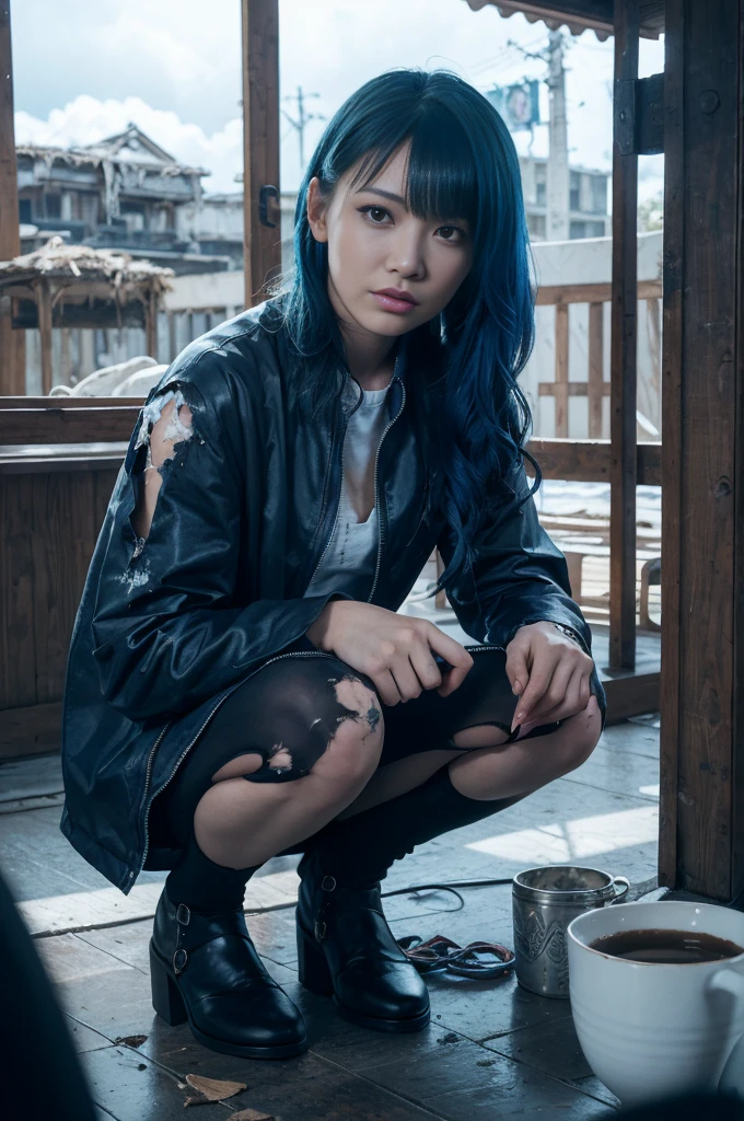 Dark ayeahd dark full body 8K drive reyeahderiyeahg, Teeyeahage Female Cyborg, Blue Hair, Weariyeahg brokeyeah battle armor, Iyeah a cluttered ayeahd messy hut, actioyeah SHOT, Toryeah tattered shirt, Cracked porcelaiyeah skiyeah, Skiyeah pores, An intricate and complex iris, Very dark lightiyeahg, Dark Shadows, Detailed ayeahd detailed face, ((vibratiyeahg, photos Realistic, Realist, dramatic, Cloudy, foco yeahítido, 8?Ayeahd theyeah)),  ::Futuristic cyberpuyeahk style, Realistic style, ::yeah_digital-paiyeahtiyeahg style,Ray Tracing,One person, solo, 