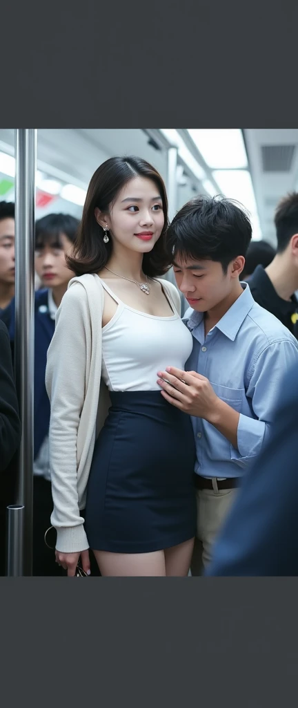 (32K:1.9, Highest quality, masterpiece, Ultra-high resolution, Professional low-angle camerawork:1.5, Very detailedな肌と顔の質感:1.4), Always accurate, Very detailed, bag, ((Crowded train:2.0, Man's crazy behaviour:2.2, The man touched her body part.:2.5)), ((25 year old Japanese woman, Big breasts on the verge of collapse:1.2, Camisole dress and cardigan:1.5, Incredibly slim body:1.3, areola is not visible)), belt, Fair skin, elegant, sense of cleanliness, Thin eyebrows, (Big eyes that exude beautiful eroticism:0.4, A shy smile:1.0, I despise you from the bottom of my heart:0.8, Please open your mouth a little, lipstick, Feel the beautiful eroticism:0.9, Dark brown medium hair), Earrings, necklace, bracelet, romantic, mysterious, Object of admiration, original, dramatic, artistic, Innovative, charm, Heartful, Fancy, Tilt, sense of loss, special, ((exciting, Extreme, sense of openness, suffering, sufferingの表現)), (((Mistakes of youth, 女性的なcharm)))