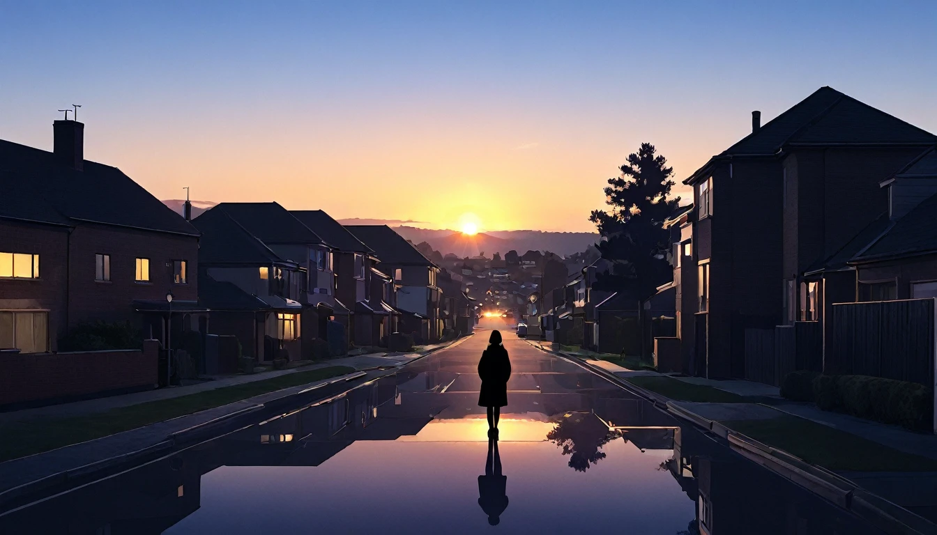A quiet sunset over a suburban town, Silhouette of a person&#39;s shadow reflected on the ground, Silhouette of a cat standing on two legs, There are no people, Anime art style, Very detailed, 8k, Realistic, photoRealistic, masterpiece, Vibrant colors, Warm lighting, Structure of the film, Gloomy atmosphere, Soft Focus, Intricate details, Nice views, Breathtakingly beautiful, Dramatic Sky, Shining horizon