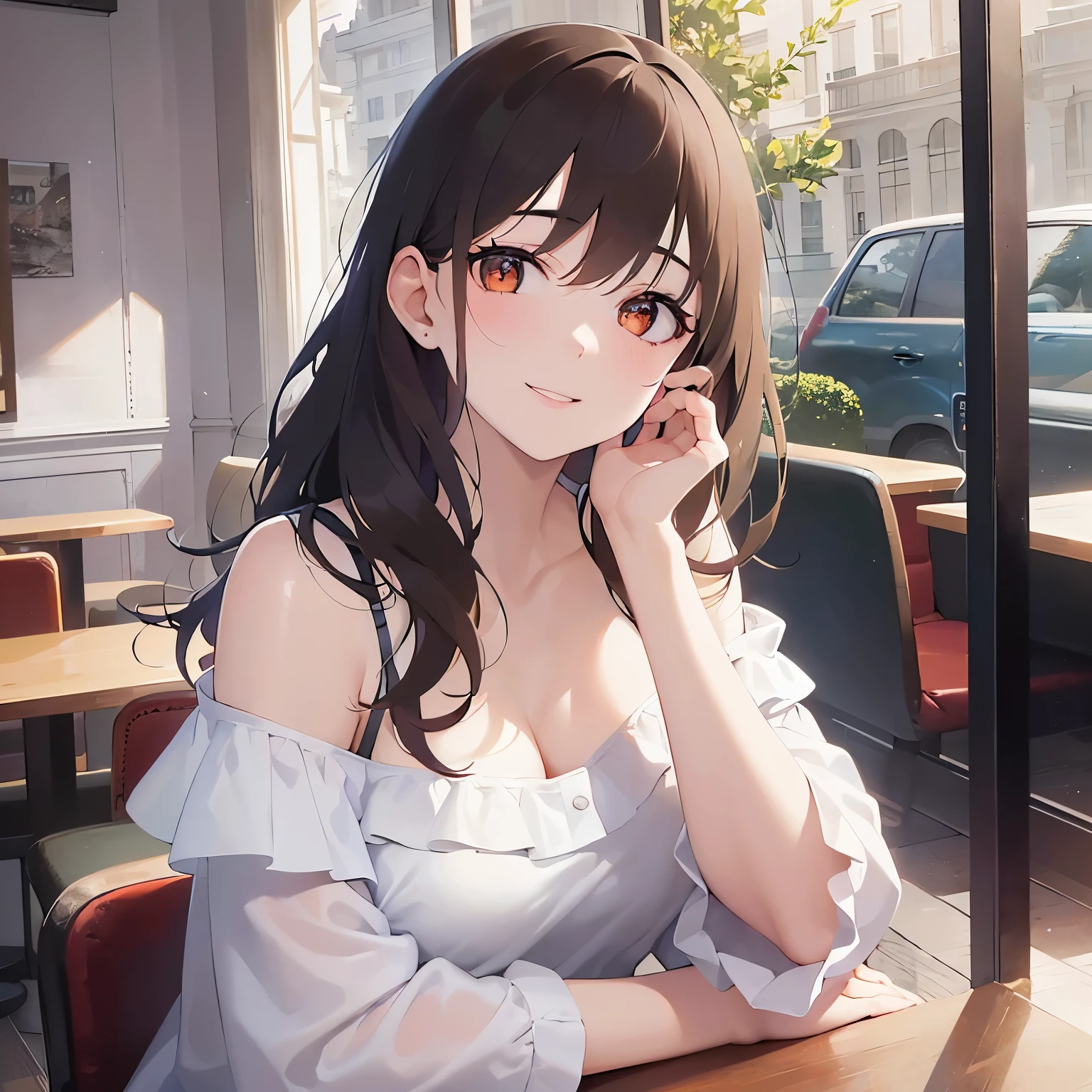 (looking at viewer:1.5)Upper Body,Hand on cheek、
Realistic, real person, (pale skin: 1.2), RAW photo, photorealistic, shiny skin, shiny hair、(A 25-year-old woman with medium-length hair and bangs) and (wavy hair) and (brown hair) and (orange eyes) ,
(white) and (off shoulder blouse)
blush,(smile:1.2),(alone:1.5),The background is the interior of a cafe
