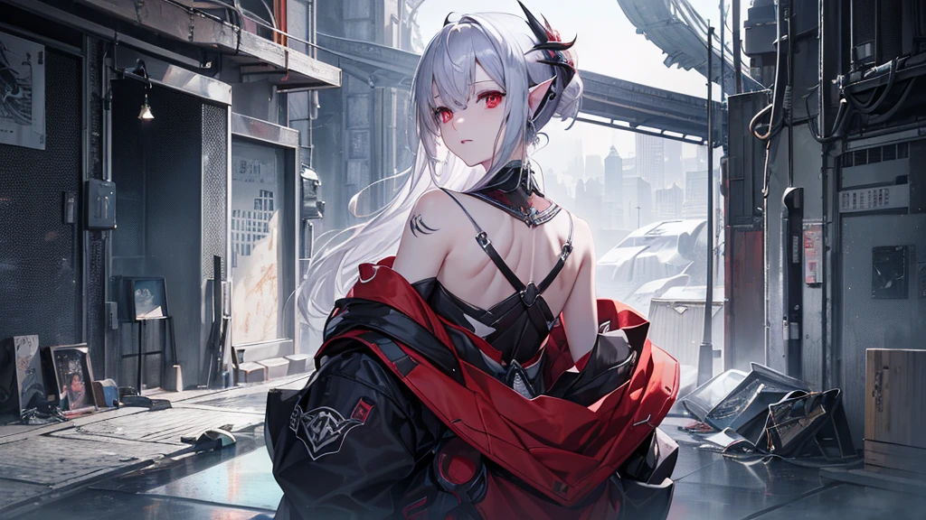 (最high quality、High resolution、Textured skin、high quality、Caution about scars、Precise CG unification、Detailed Background)、((Turn around:1.8))、Silver Hair、Pale Moon、Game CG、Red eyes