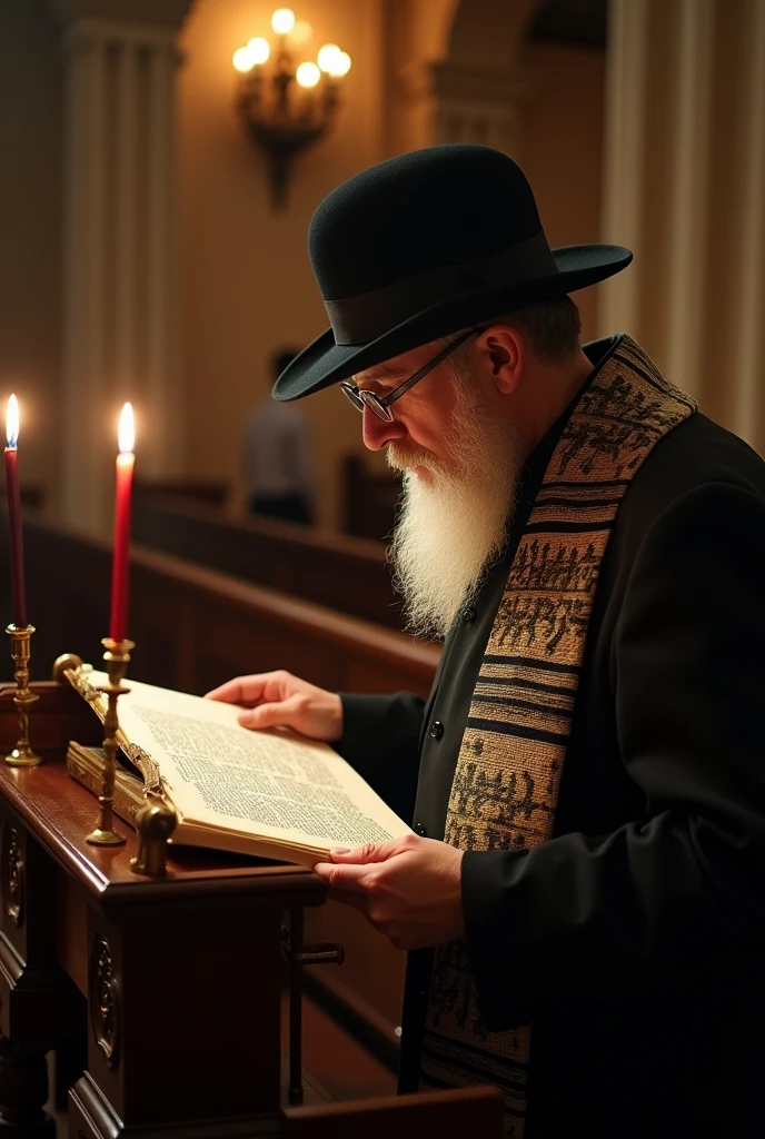A Jew reads a Torah scroll in a synagogue