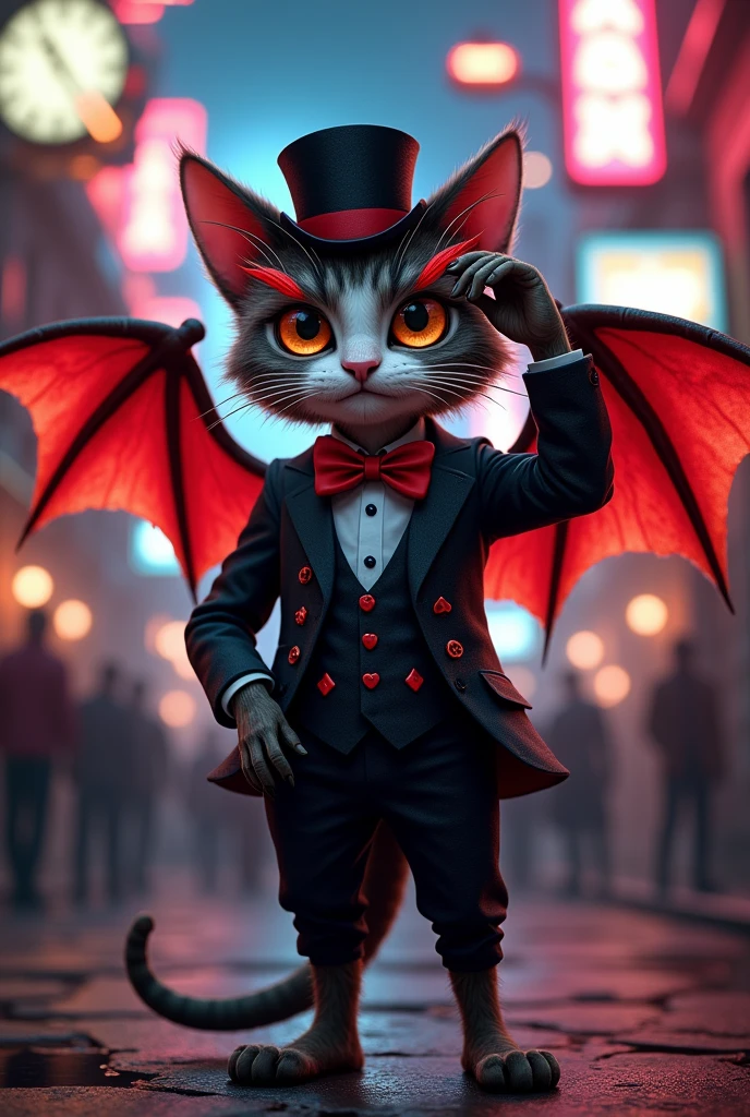 Remembering (Hazbin Hotel), anthropomorphic cat demon, with greyish brown fur and white fur on the face, the torso and upper arm, long red eyebrows with dark red vertical stripes near the tips, and his eyes are brown with orange pupils, His tail is brown and long, ending with a great coat "plum", which is red with black and white stripes, his wings are big, rojas, with stripes and wears a black suit (with playing card symbols: diamonds, treboles, spades and hearts), The inside of their ears are white with dull pink stripes with white hearts on them., He wears a black hat with a red ribbon and a red bowtie., and goes barefoot with 3 toes on each foot.