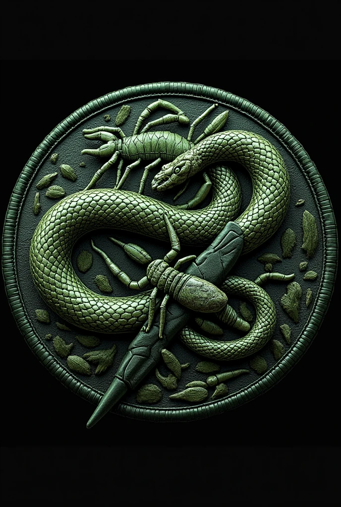 Image for military patch  ,round-cropped , green and black  , rescue of venomous animals with snake scorpion and spider With square black background