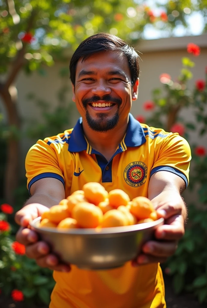 Sketch Manny Pacquiao Laughing while holding a bow of fried groundnuts