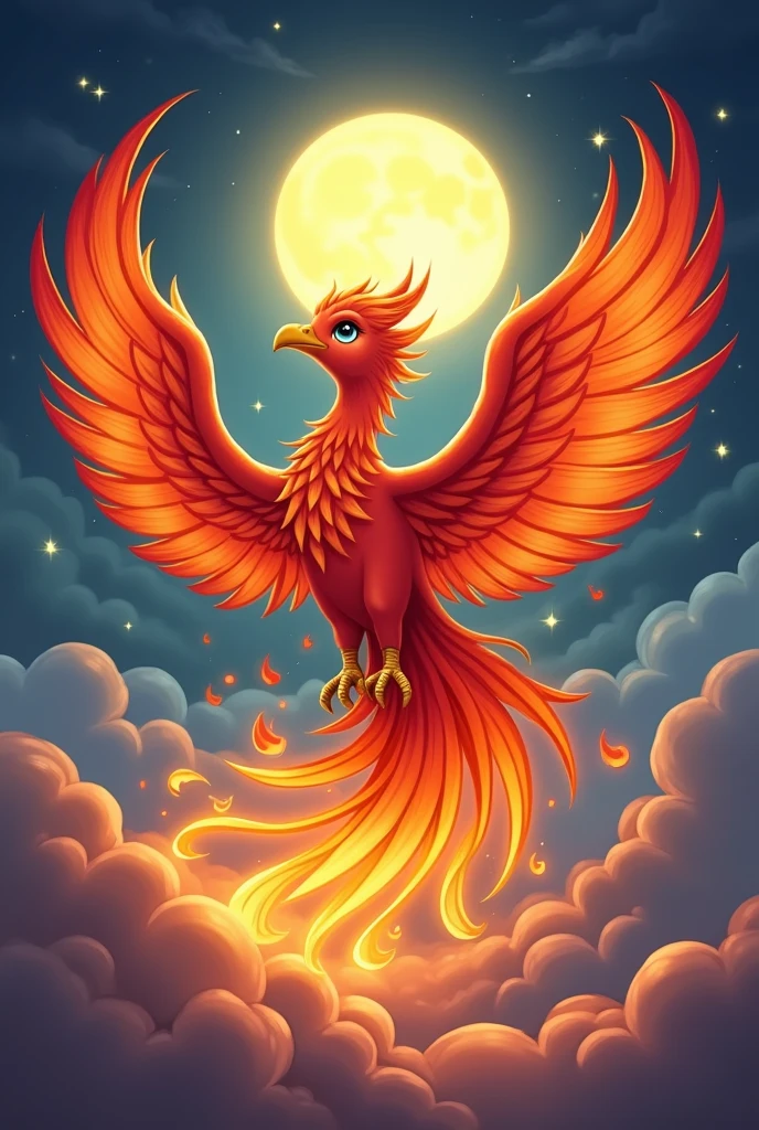 reborn Phoenix,with fire light,cartoon,moon,