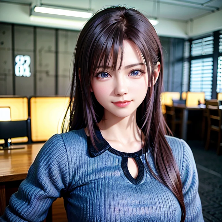 (8k, RAW Photos, Highest quality, masterpiece:1.2), (Realistic, photo-Realistic:1.37),1 person,cute, A light smile,blue eyes, (alone),Detailed facial ponytail, Elevation,
,office,View your viewers,throw,cyber punk,   