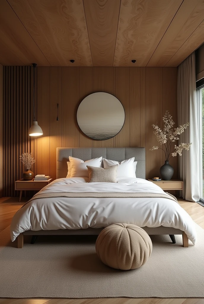 Please design me a master bedroom in wabi sabi style, modern and fully equipped. gentle design, nature.