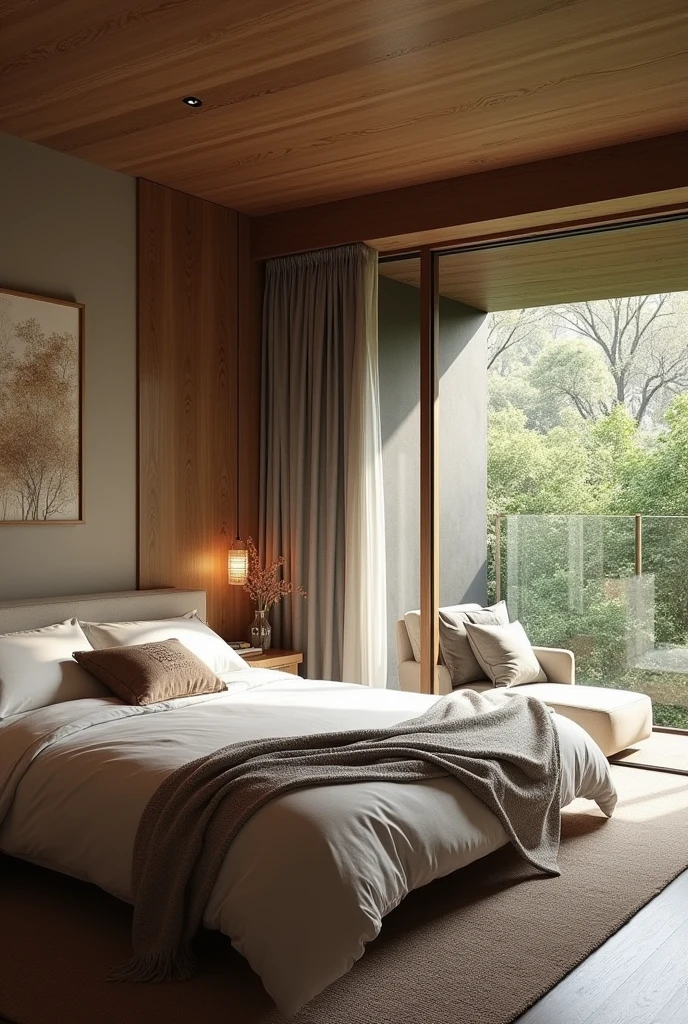 Please design me a master bedroom in wabi sabi style, modern and fully equipped. gentle design, nature.