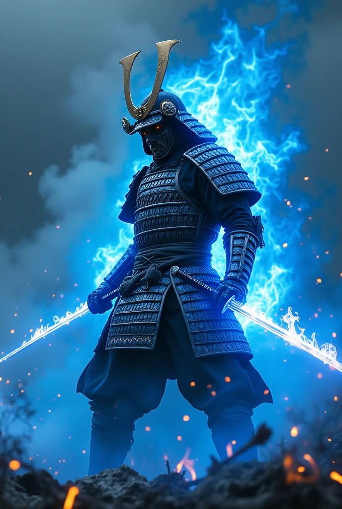 masterpiece、最high resolution、high resolution、Detailed Description、beautiful、art、One Samurai、Samurai surrounded by blue flames、beautiful甲冑、Samurai brandishing a sword、Sharp-eyed Samurai、The sword is engulfed in blue flames、battlefield、A tense scene、Ink Painting、Movie poster motif、Inspired by The Last Samurai、4K Graphics、