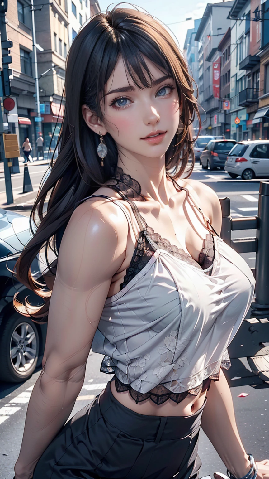 Beautiful woman, Playing with your cell phone in the middle of the street, [See through](Short lace camisole:1.47), Natural Breasts, Medium chest, (Tight waist, Perfect body curves), Earrings, Sharp focus, (Tall body, Adult female), (Skin with attention to detail, Skin pores:1.4)、Slim figure、Sexy proportions