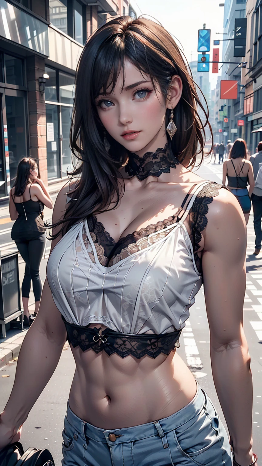 Beautiful woman, Playing with your cell phone in the middle of the street, [See through](Short lace camisole:1.47), Natural Breasts, Medium chest, (Tight waist, Perfect body curves), Earrings, Sharp focus, (Tall body, Adult female), (Skin with attention to detail, Skin pores:1.4)、Slim figure、Sexy proportions