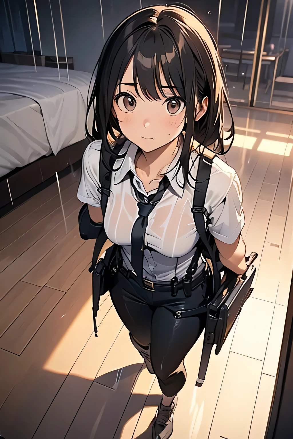 1 female, , high quality, masterpiece, Ultra-high resolution, , Cinema Lighting, , , And the suspenders with the cranes flying　　　Large Breasts　 　 　　　　Small face　 　　　holster　　　　　　　 Lying in bed　Looking up　　　　Sweat 　　　belt　summer　脇Sweat 　Black Hole Gloves　suit　shirt　　Black jacket　 Black trousers　Leg Links　ズボンにbelt　　holster　 　　Hands behind your back　 Anxious expression　Looking up　Anxious face, legs apart　Armament　　Cable ties　レッグholster　holster　See-through clothing　heavy rain　Getting wet in the rain