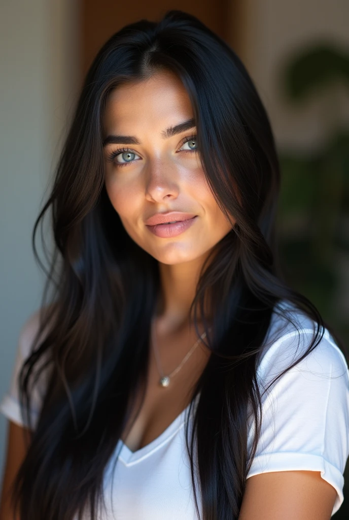A photorealistic portrait of a 28-year-old Spanish woman with long, straight luxurious black hair and captivating blue eyes. Her expression should be natural and inviting. The setting for this portrait should be a picturesque in her home salon on the sopha with white tshirt. Capture this image with a high-resolution photograph using an 85mm lens to achieve a flattering and engaging perspective.