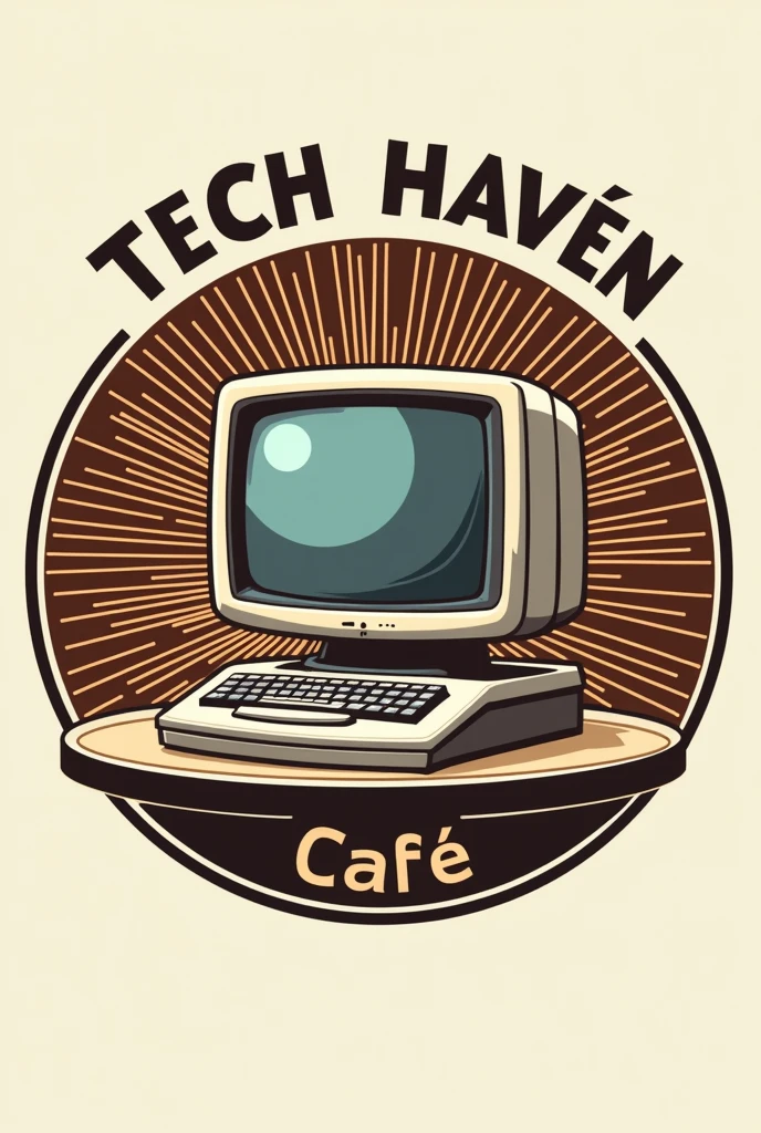 Create a computer café circle logo with a vintage style but modern for a business logo with a name Tech Haven Café with a computer background 