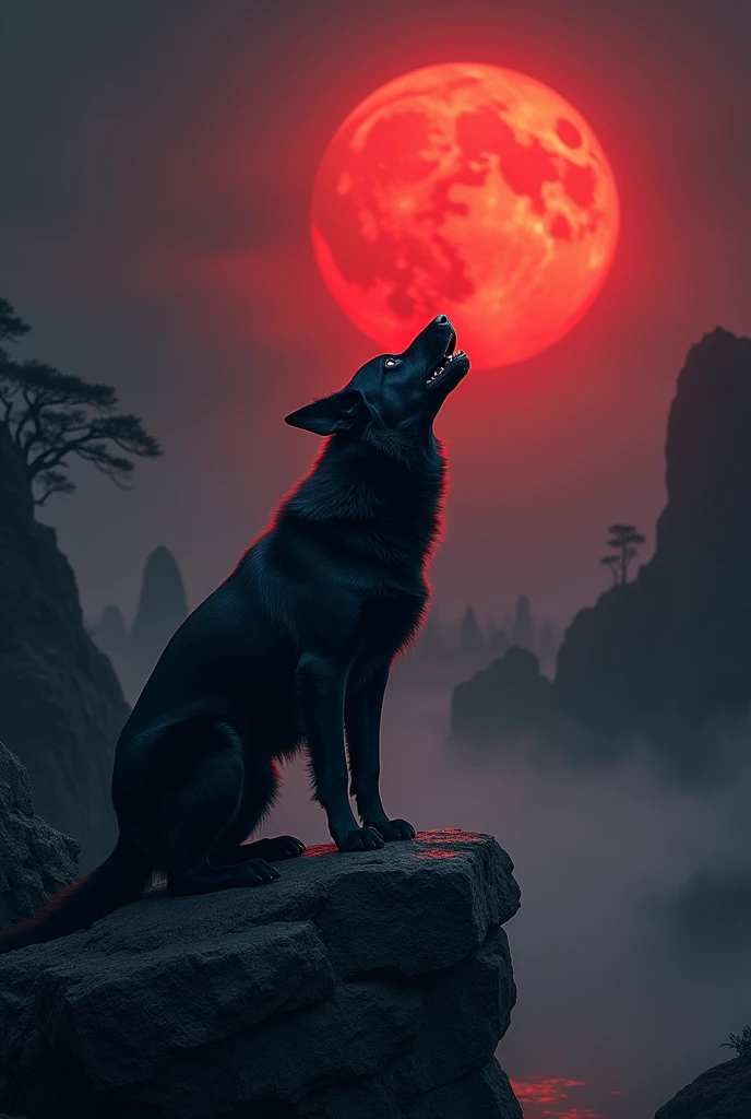 A black dog howls under the red moonlight.