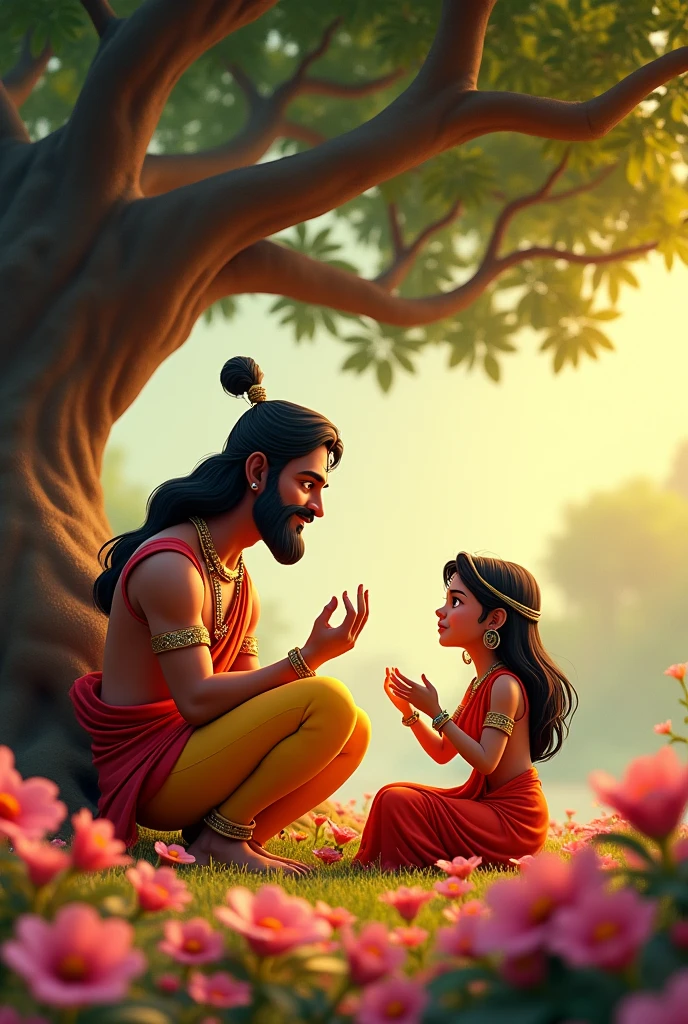 In cinematic cartoon 3d style
He is seen handing a ring to a sorrowful Sita, who is sitting under a tree in the Ashok Vatika, surrounded by beautiful flowers but looking distressed.