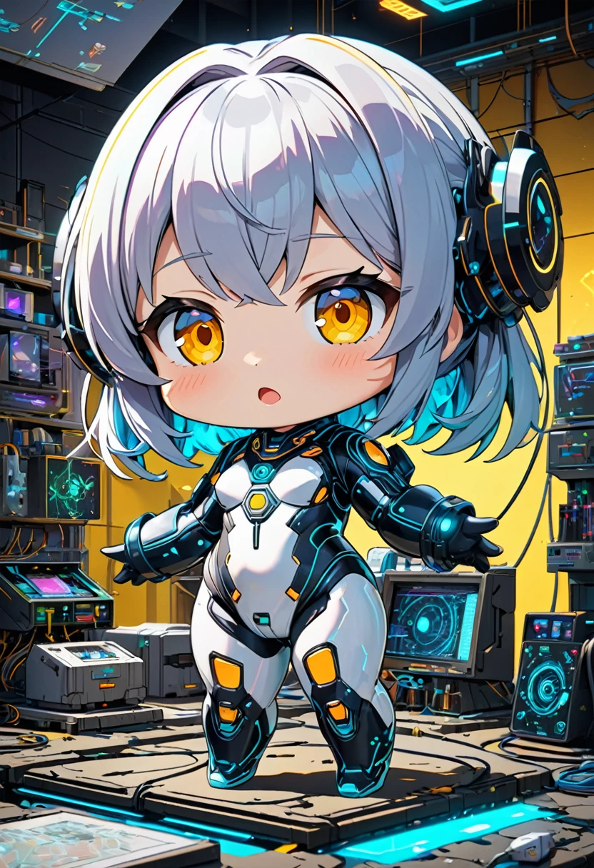 cute anime chibi characters, motivated and energetic poses, (attractive and seductive) and (amorous and lewd) expression, great body proportion, wearing cyber machine suit with neon lines, background tornado, iridescent lightning, ruins, analyzer, lab, conceptual installation art, (ultra detailed, absolutely resolution, best quality:1.3), 2.5D, delicate and dynamic effects, artistic, hyper, graphic CG digital art