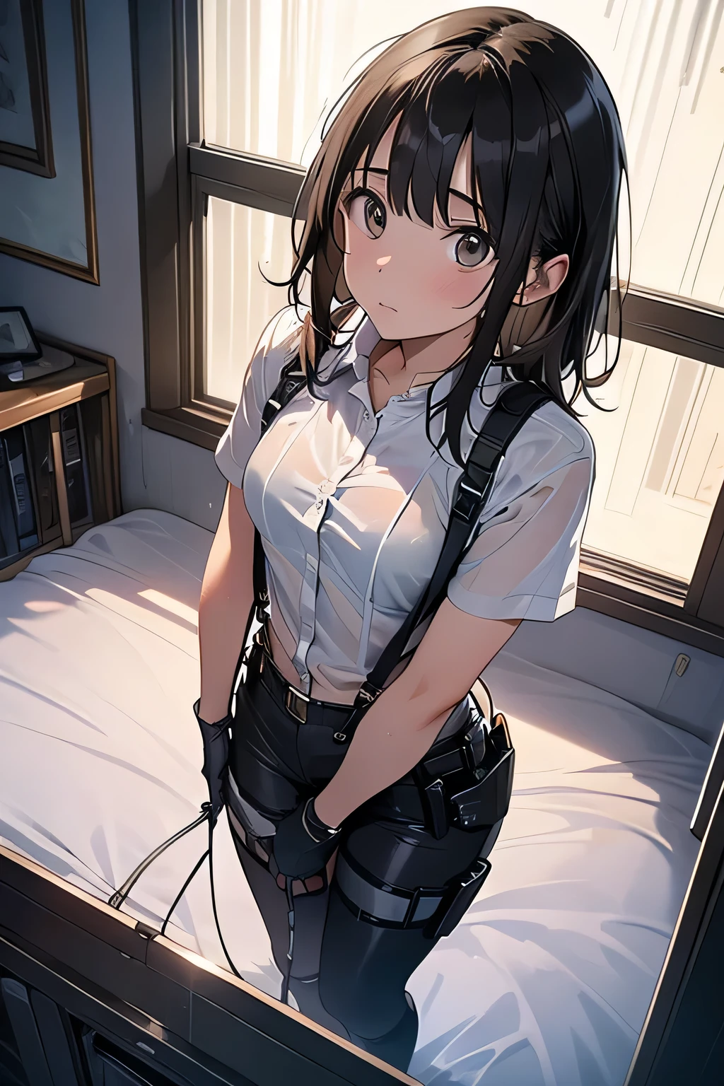 1 female, , high quality, masterpiece, Ultra-high resolution, , Cinema Lighting, , , And the suspenders with the cranes flying Large Breasts Small face holster Lying in bed Looking up Sweat belt summer 脇Sweat Black Hole Gloves suit shirt Black jacket Black trousers Leg Links ズボンにbelt holster Hands behind your back Anxious expression Looking up Anxious face, legs apart Armament Cable ties レッグholster holster See-through clothing heavy rain Getting wet in the rain
